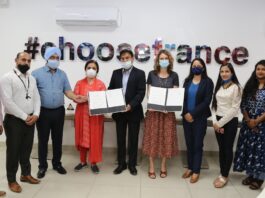 Director Ophélie Belin of Alliance Française Chandigarh, LPU Registrar Dr Monica Gulati & Additional Director Aman Mittal showing copies of MoU at LPU campus