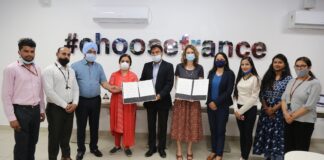 Director Ophélie Belin of Alliance Française Chandigarh, LPU Registrar Dr Monica Gulati & Additional Director Aman Mittal showing copies of MoU at LPU campus