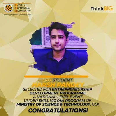 LPU student Harsh Pandey selected in Entrepreneurship Development Programme under Skill Vigyan Program, MST, GOI