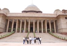 LPU fashion design students standing outside Rashtrapati Bhavan New Delhi during their visit to study on style and dresses of all Presidents of India