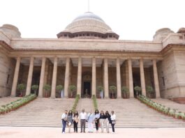 LPU fashion design students standing outside Rashtrapati Bhavan New Delhi during their visit to study on style and dresses of all Presidents of India