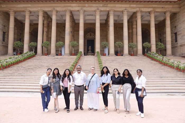 LPU fashion design students standing outside Rashtrapati Bhavan New Delhi during their visit to study on style and dresses of all Presidents of India