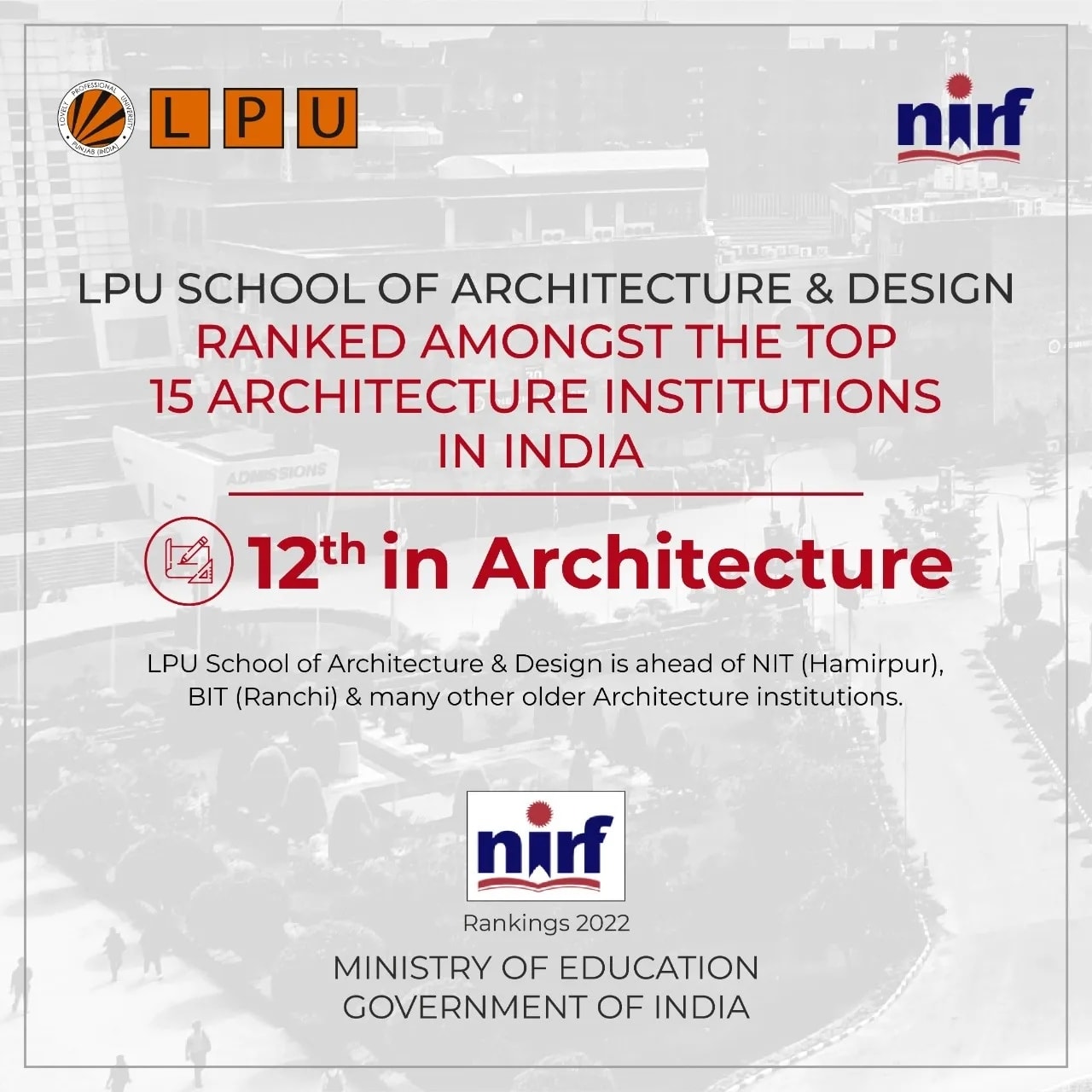 Govt of India’s NIRF Rankings-2022 ranked LPU overall 47th amongst all govt & private universities in India