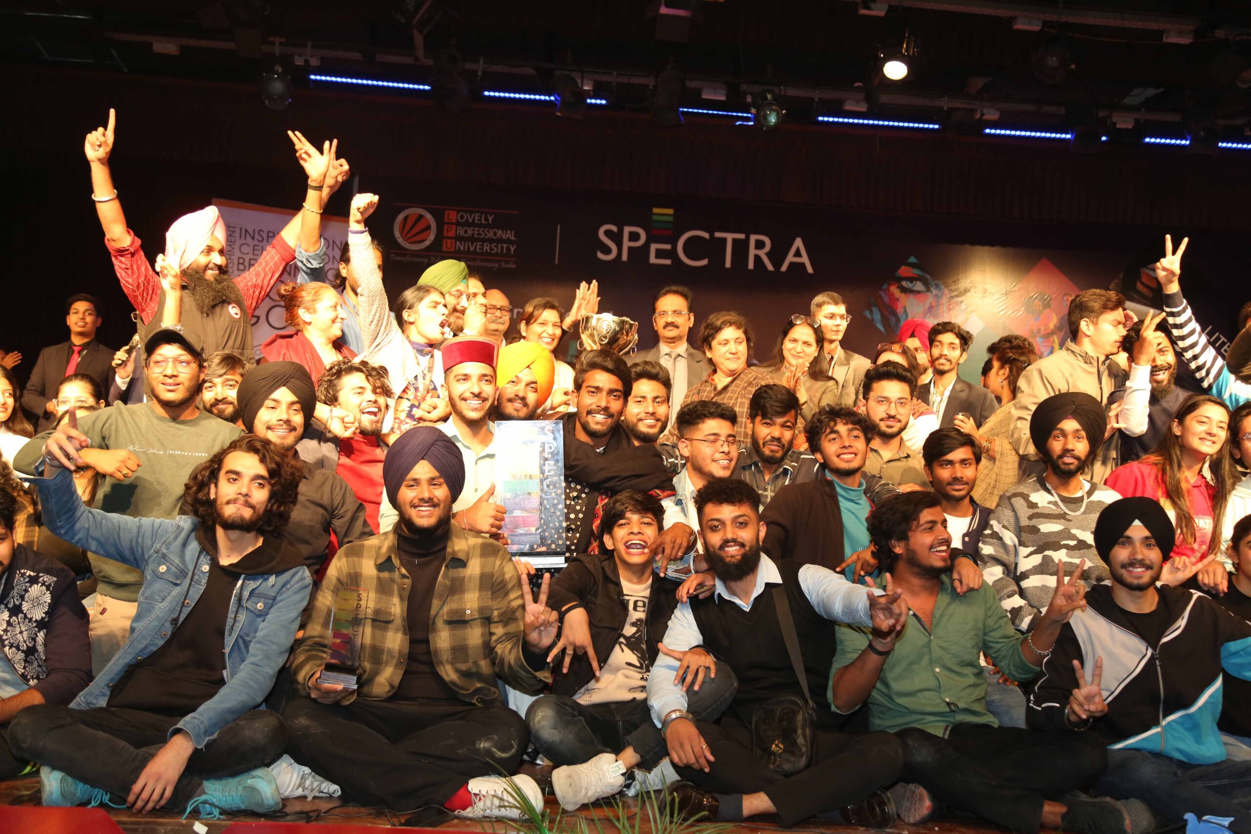Students-of-School-of-Humanities-of-the-university-looking-cheerful-on-winning-first-position-in-a-mega-cultural-fest-‘Spectra-at-LPU-campus