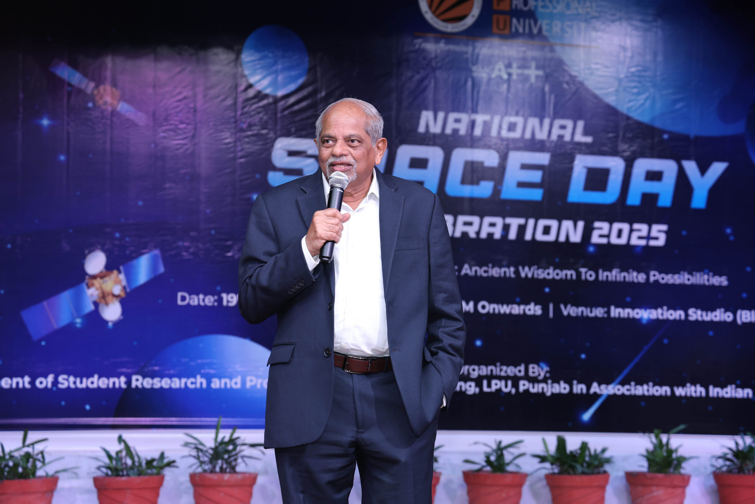 Ashank Desai, Founder & Chairman of Mastek Ltd. & Co-founder of NASSCOM addressing the students while celebrating National Space Day at LPU