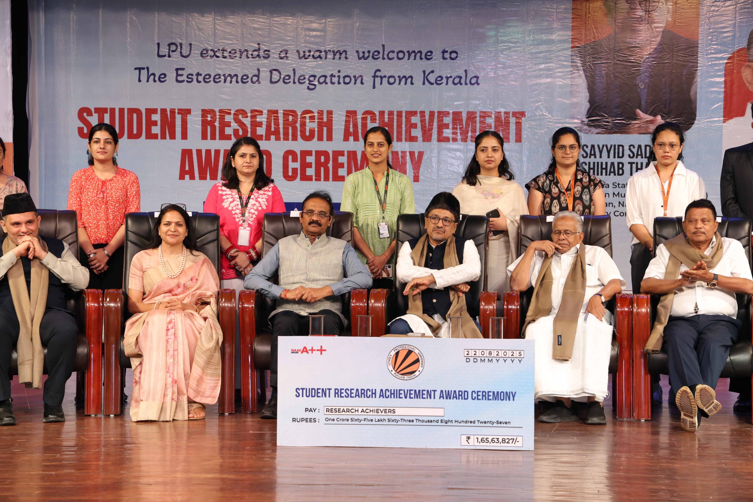 LPU Chancellor Dr Ashok Kumar Mittal, Pro Chancellor Dr Rashmi Mittal and IUML Chairman Sayyid Sadiqali Shihab Thangal honouring Young students Researchers during an award ceremony at LPU