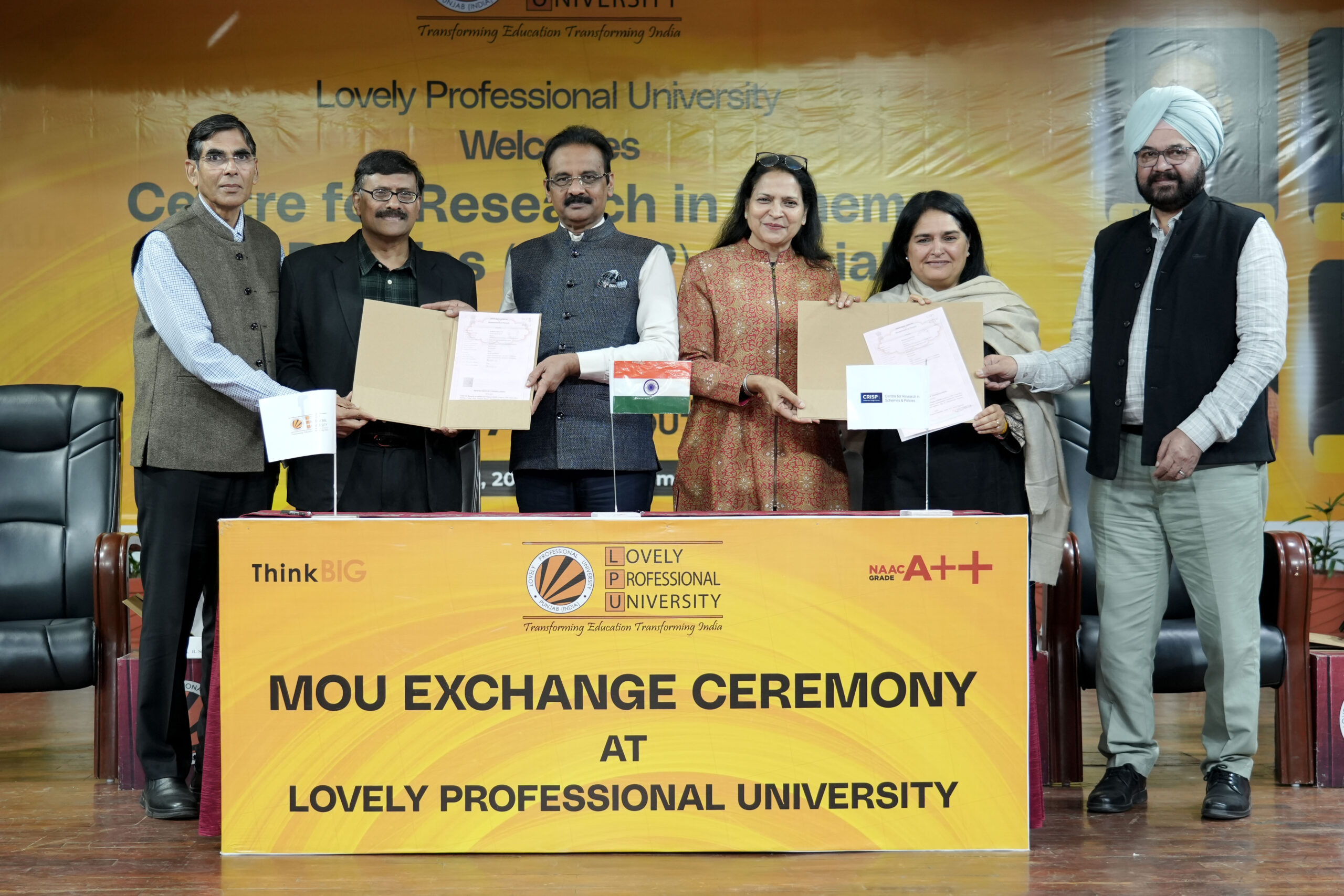 LPU Founder Chancellor Dr. Ashok Kumar Mittal, Pro Chancellor Col. Dr. Rashmi Mittal and VC Dr Jaspal Singh Sandhu signing an MoU with CRISP officials at LPU campus